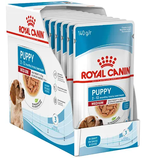 غذای پوچ سگ رویال کنین مدل مدیوم پاپی ROYAL CANIN  MEDIUM PUPPY  140 * 10 G - Image 1